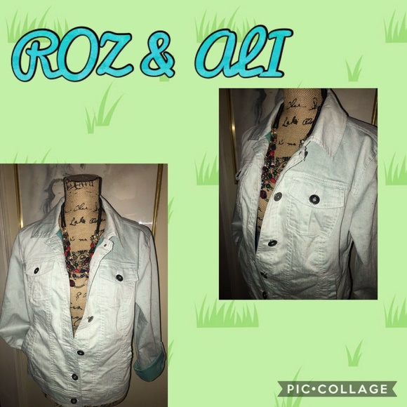 ROZ & ALI LIGHT GREEN DENIM JACKET~TRADITIONAL TRUCKER STYLE ~MEDIUM - Picture 3 of 5